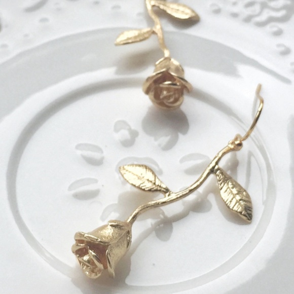 NEW 18K Gold Plated Brass Rose Stem Earrings - Picture 2 of 4